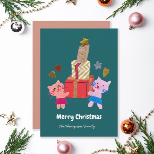 Schattigee katten met cadeautjes donkergroene kers feestdagenkaart