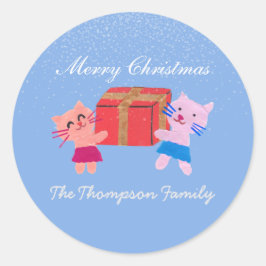 Schattigee katten met geschenkdoos blauw Kerst Ronde Sticker