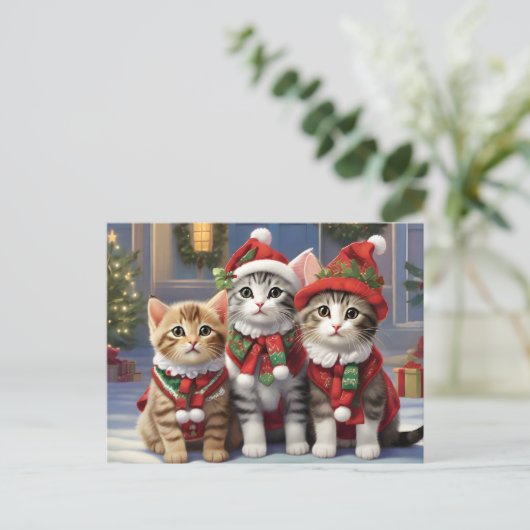 Schattigee katten met kerstmutsen briefkaart (Staand voorkant)