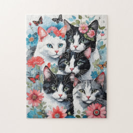 Schattigee katten met roze bloemen en vlinders legpuzzel