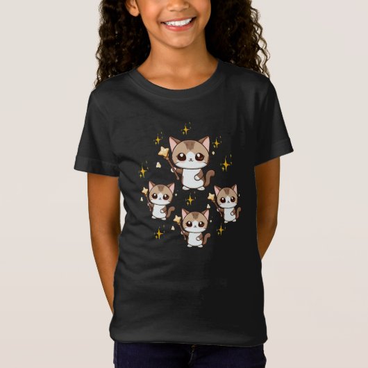 Schattigee katten met toverstaven sterren t-shirt (Voorkant)