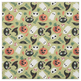 Schattigee Katten & Pompoenen Olijf Zwart Hallowee Stof