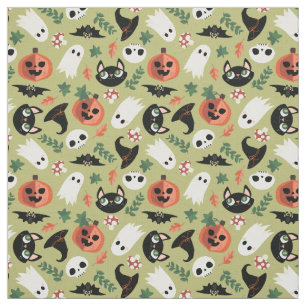 Schattigee Katten & Pompoenen Olijf Zwart Hallowee Stof
