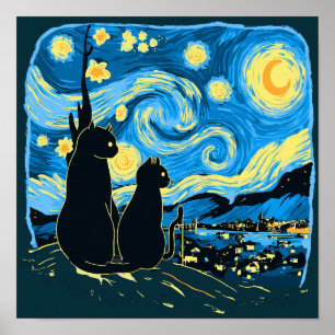 Schattigee Katten Sterrennacht Van Gogh Vader Moed Poster