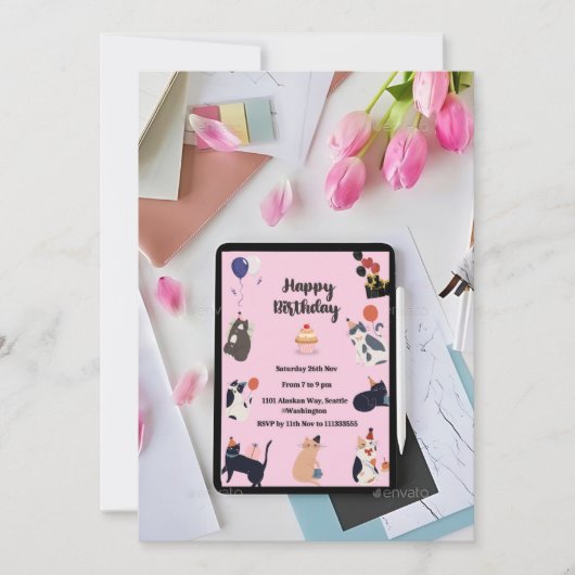 Schattigee Katten Thema - Verjaardag Uitnodiging K (Voorkant)