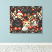 Schattigee katten vieren vakantie met kerstboom canvas afdruk (Insitu (Houten vloer))