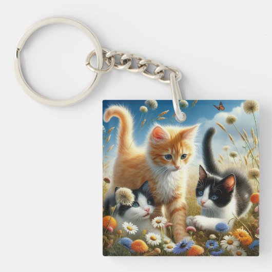 Schattigee Katten Wildflower Garden Acryl Sleutelh Sleutelhanger (Voorkant)
