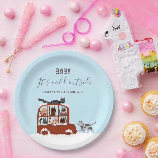 Schattigee Katten Winter Koud Baby shower Papieren Bordje (Feest)
