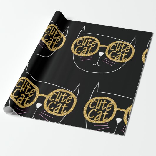 Schattigee Kattenbril Graphic Gold Glitter Kat Gez Cadeaupapier (Uitgerold)