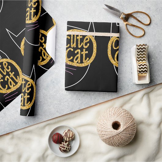 Schattigee Kattenbril Graphic Gold Glitter Kat Gez Cadeaupapier