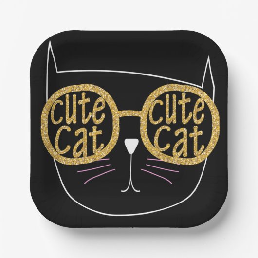 Schattigee Kattenbril Graphic Gold Glitter Kat Gez Papieren Bordje (Voorkant)