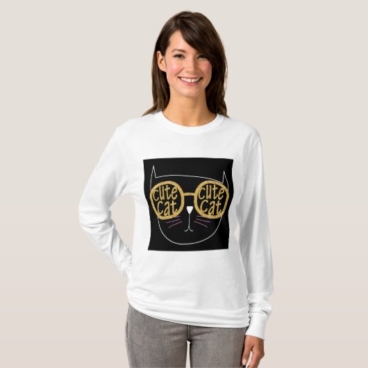 Schattigee Kattenbril Graphic Gold Glitter Kat Gez T-shirt (Voorkant volledig)