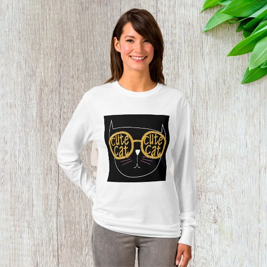 Schattigee Kattenbril Graphic Gold Glitter Kat Gez T-shirt