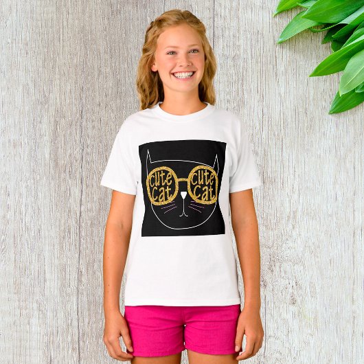 Schattigee Kattenbril Graphic Gold Glitter Kat Gez T-shirt