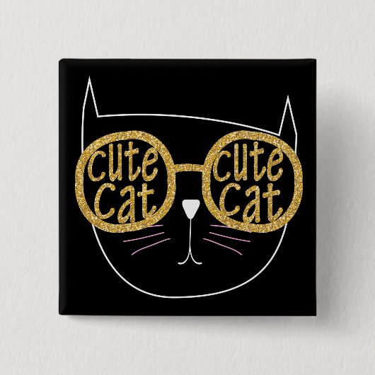 Schattigee Kattenbril Graphic Gold Glitter Kat Gez Vierkante Button 5,1 Cm (Voorkant)