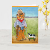 Schattigee kattencowboy, veeboer koe wenskaart kaart (Gele Bloem)