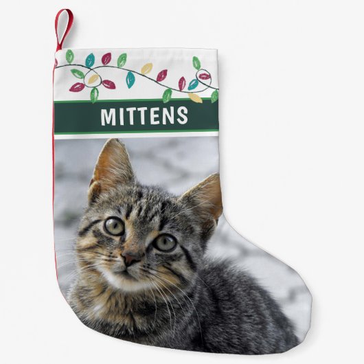 Schattigee Kattenfoto Waterverf Vakantielichten Gr Kleine Kerstsok (Voorkant)