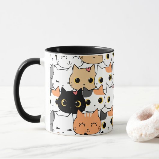 Schattigee Kattengezichten - Kawaii Pattern Mok (Met donut)