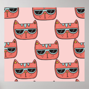 Schattigee kattengezichten, naadloos patroon. poster
