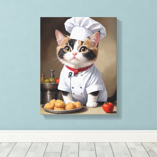 Schattigee kattenkok met Pasta Funny Cooking Canvas Afdruk (Insitu (Houten vloer))