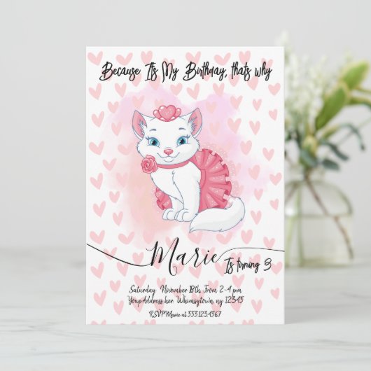 Schattigee kattenmeisje verjaardagsuitnodiging. kaart (Staand voorkant)