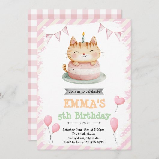 Schattigee kattenverjaardagsuitnodiging kaart (Voorkant / Achterkant)