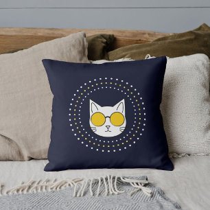 Schattigee kattenzonnebril en stip in geel blauw w kussen