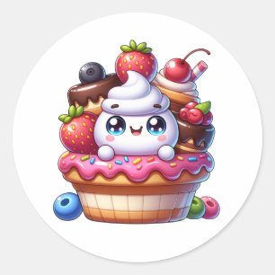 Schattigee Kawaii Aardbeien Cupcake Ronde Sticker