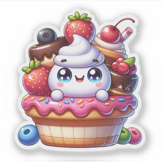 Schattigee Kawaii Aardbeien Cupcake Sticker (Voorkant)