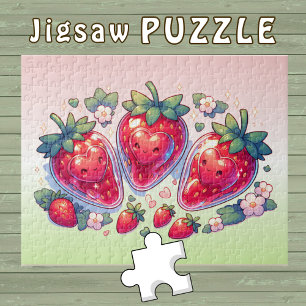 Schattigee Kawaii aardbeien met lachende harten - Legpuzzel