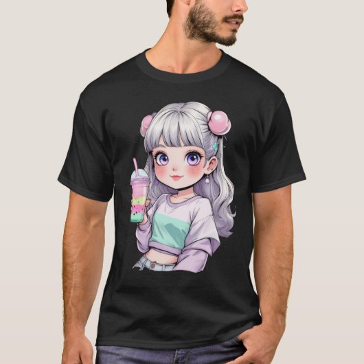 ✨ Schattigee Kawaii Anime Girl Bubble Tea T-shirt (Voorkant)