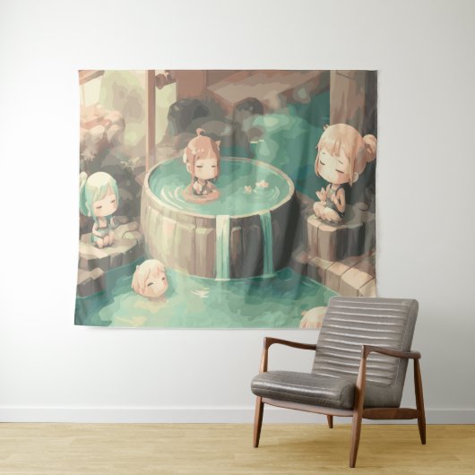 Schattigee Kawaii Anime in Zwembad Wandkleed (In Situ (horizontaal))