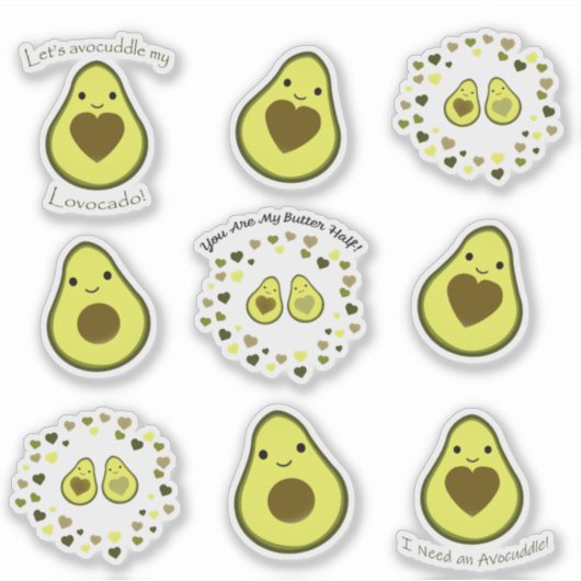 Schattigee Kawaii Avocados Sticker Set (Voorkant)