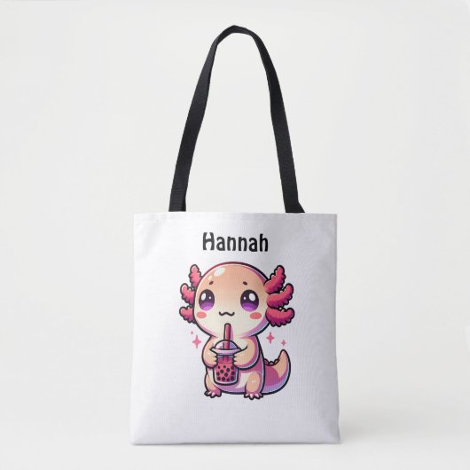 Schattigee Kawaii Axolotl met Bubble Tea Gepersona Tote Bag (Voorkant)