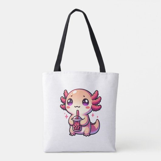 Schattigee Kawaii Axolotl met Bubble Tea Gepersona Tote Bag (Achterkant)