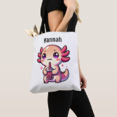 Schattigee Kawaii Axolotl met Bubble Tea Gepersona Tote Bag (Dichtbij)