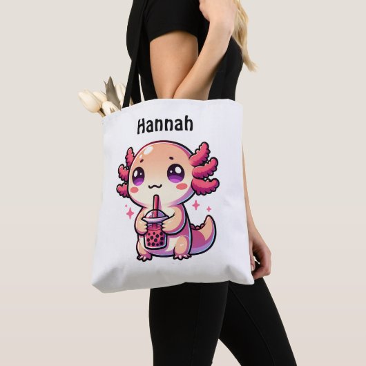 Schattigee Kawaii Axolotl met Bubble Tea Gepersona Tote Bag (Dichtbij)