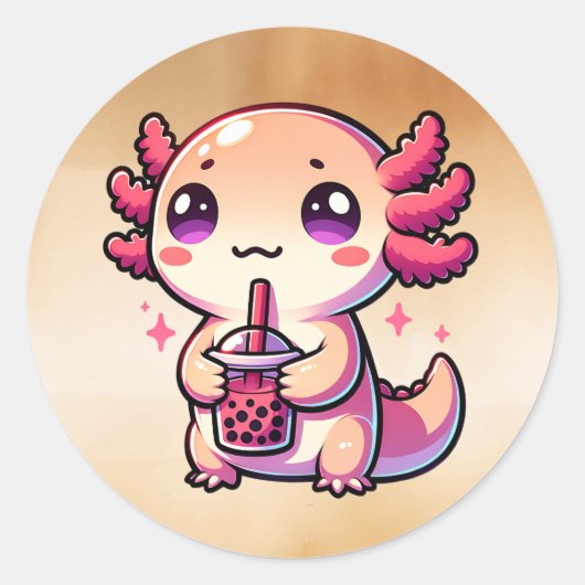 Schattigee Kawaii Axolotl met Bubble Tea Ronde Sticker (Voorkant)
