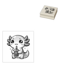Schattigee Kawaii Axolotl met Bubble Tea Rubberstempel