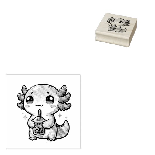 Schattigee Kawaii Axolotl met Bubble Tea Rubberstempel (Gestempeld)