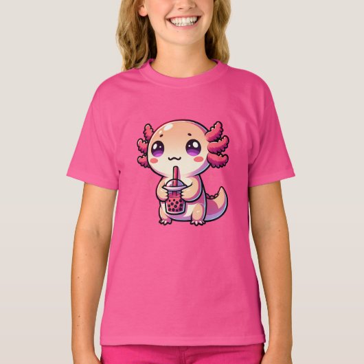 Schattigee Kawaii Axolotl met Bubble Tea T-shirt (Voorkant)