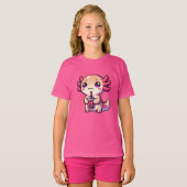 Schattigee Kawaii Axolotl met Bubble Tea T-shirt (Voorkant volledig)