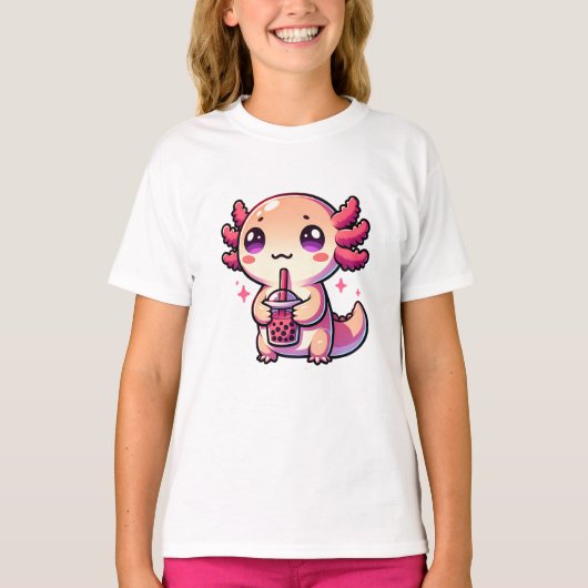 Schattigee Kawaii Axolotl met Bubble Tea T-shirt (Voorkant)