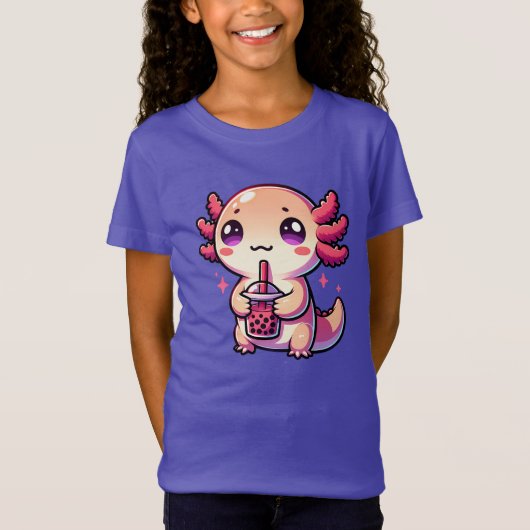Schattigee Kawaii Axolotl met Bubble Tea T-shirt (Voorkant)