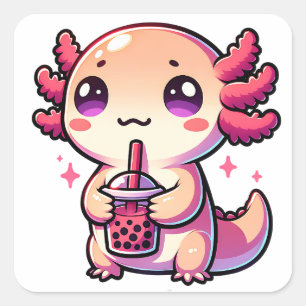 Schattigee Kawaii Axolotl met Bubble Tea Vierkante Sticker