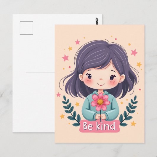 Schattigee Kawaii "Be Kind" Illustratie – Heilzame Briefkaart (Voorkant / Achterkant)