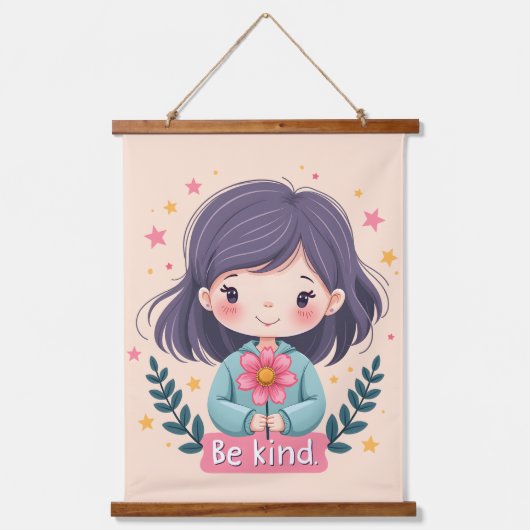Schattigee Kawaii "Be Kind" Illustratie – Heilzame Hangend Wandkleed (Voorkant)