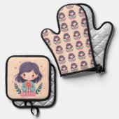 Schattigee Kawaii "Be Kind" Illustratie – Heilzame Ovenwant & Pannenlap Set (Voorkant / Achterkant)