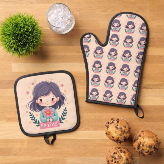 Schattigee Kawaii "Be Kind" Illustratie – Heilzame Ovenwant & Pannenlap Set (Top down)