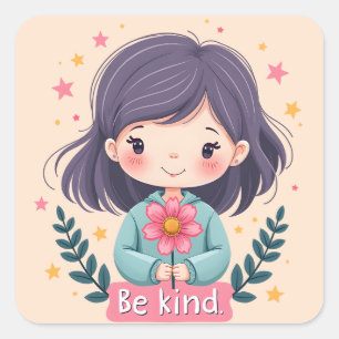 Schattigee Kawaii "Be Kind" Illustratie – Heilzame Vierkante Sticker